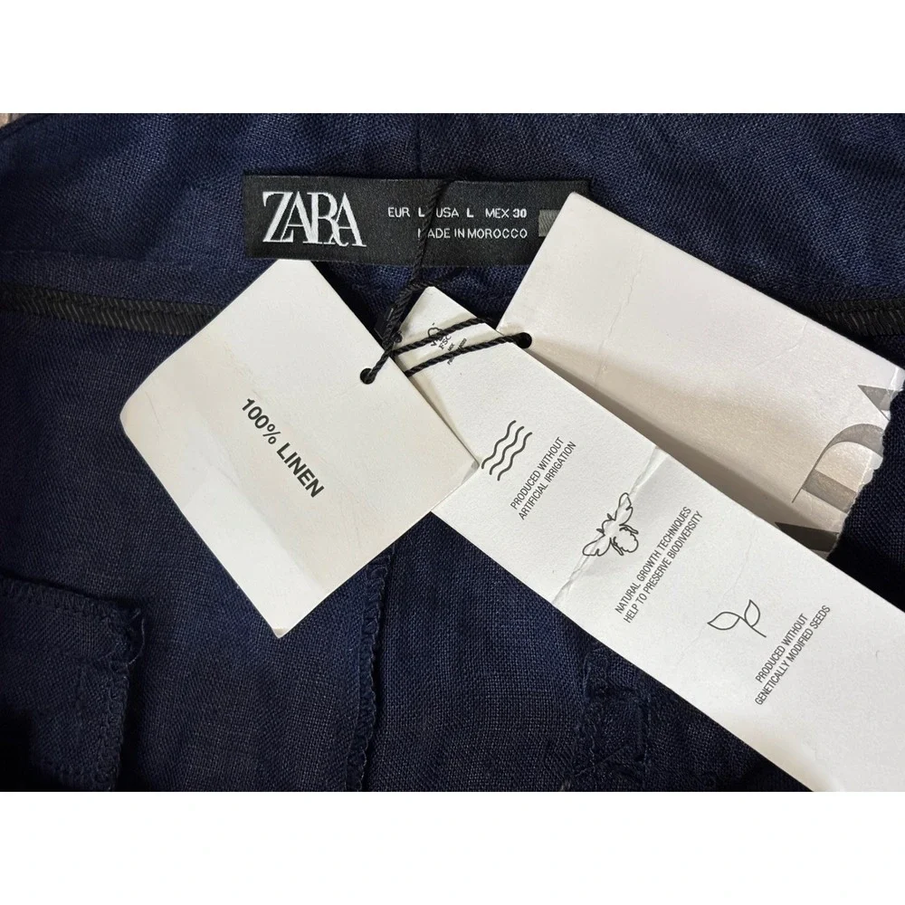 Zara Trousers Womens L Navy Blue 100% Linen High Waisted Wide Leg NWT